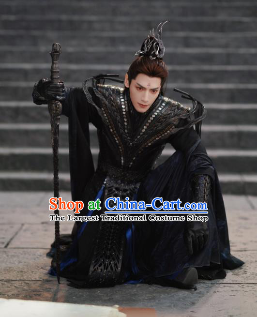 China Ancient Demon Lord Garment Costumes Fantastic TV Series Till The End of The Moon Tantai Jin Black Clothing