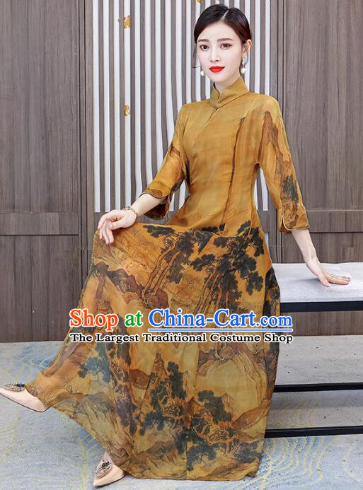 Chinese National Cheongsam Stand Collar Qipao Printing Aodai Dress