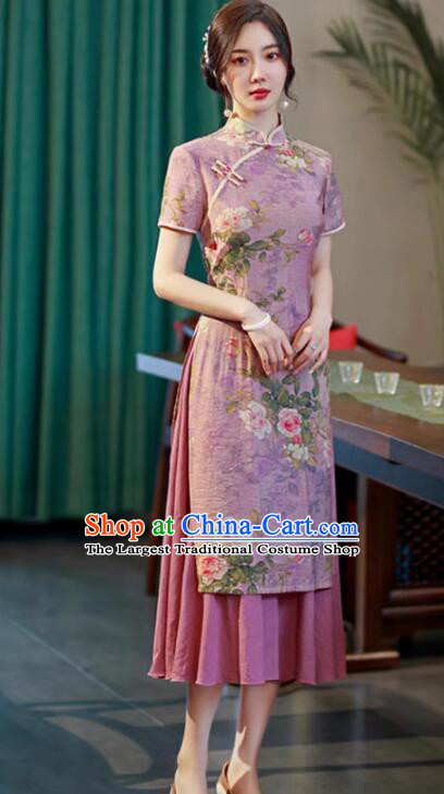 Chinese Classical Lilac Qipao Printing Aodai Dress National Clothing Cheongsam