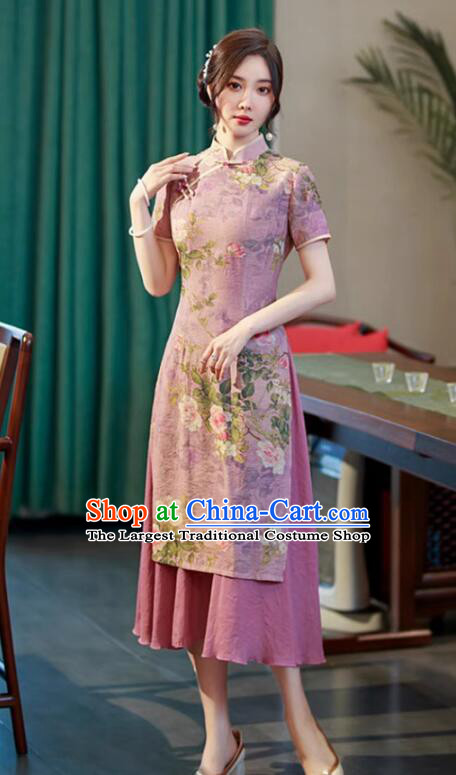 Chinese Classical Lilac Qipao Printing Aodai Dress National Clothing Cheongsam