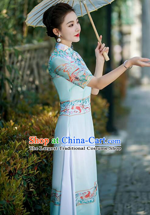 Chinese National Clothing Printing Cheongsam Classical Light Blue Long Qipao Stage Aodai Dress