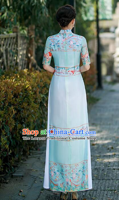 Chinese National Clothing Printing Cheongsam Classical Light Blue Long Qipao Stage Aodai Dress