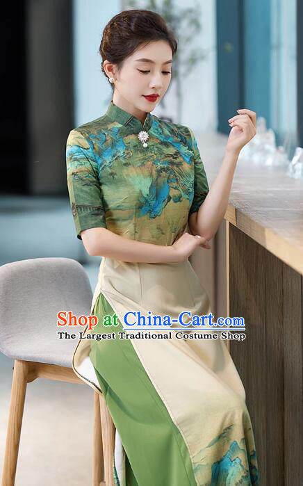 Chinese Classical Long Qipao Stage Aodai Dress National Clothing Blue Green Landscape Painting Cheongsam