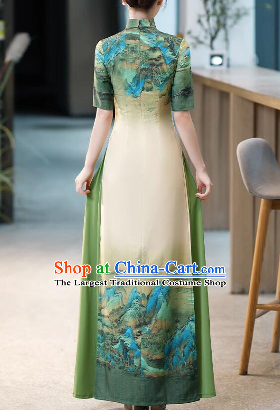 Chinese Classical Long Qipao Stage Aodai Dress National Clothing Blue Green Landscape Painting Cheongsam