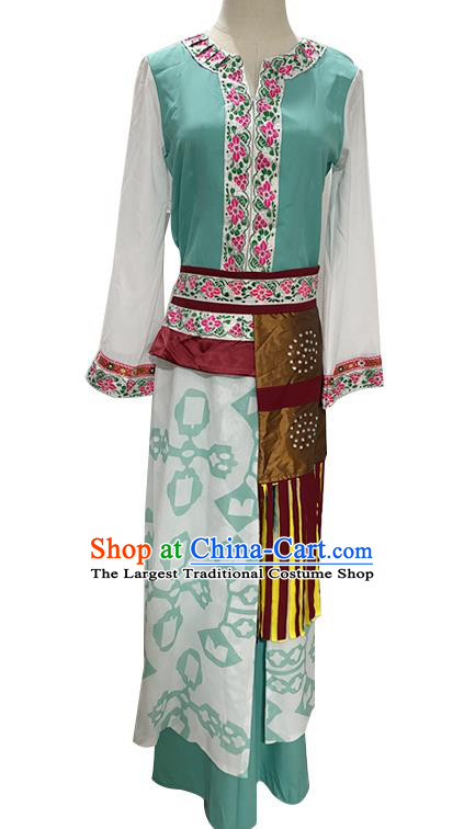 China Taoli Cup Dance Competition Clothing Folk Dance Green Outfit Yao Nationality Woman Stage Performance Costume