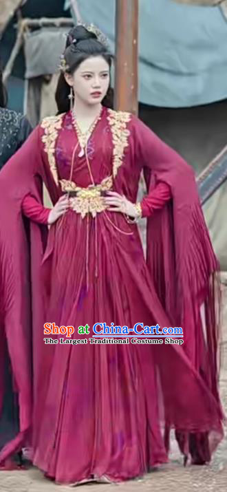 China Ancient Nine Tails Fox Fairy Costumes Till The End of The Moon Xianxia Drama Swordswoman Pian Ran Red Dresses Clothing