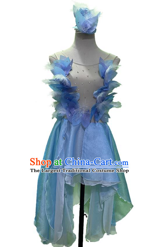 China Classical Dance Blue Dress Woman Solo Stage Performance Costume Dance Competition You Rooster Feather Clothing