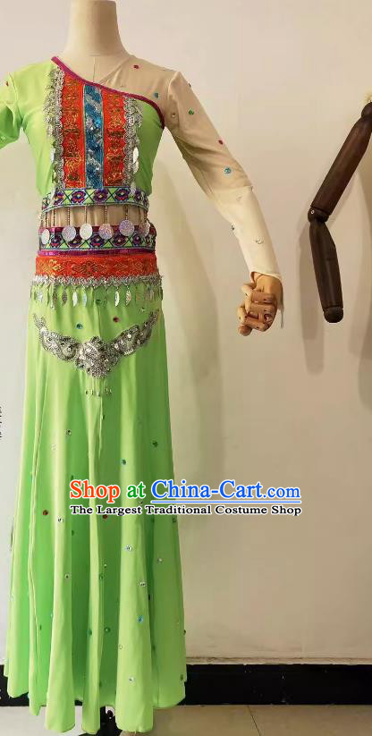 China Yunnan Ethnic Dance Clothing Dai Nationality Folk Dance Green Outfit Woman Solo Stage Performance Costume