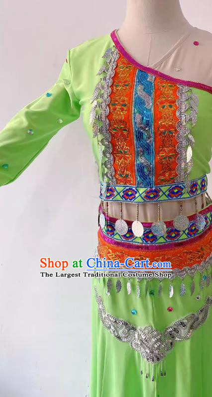 China Yunnan Ethnic Dance Clothing Dai Nationality Folk Dance Green Outfit Woman Solo Stage Performance Costume