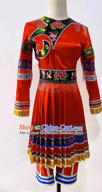 China Woman Solo Stage Performance Costume Hmong Ethnic Wedding Clothing Miao Nationality Folk Dance Red Dress