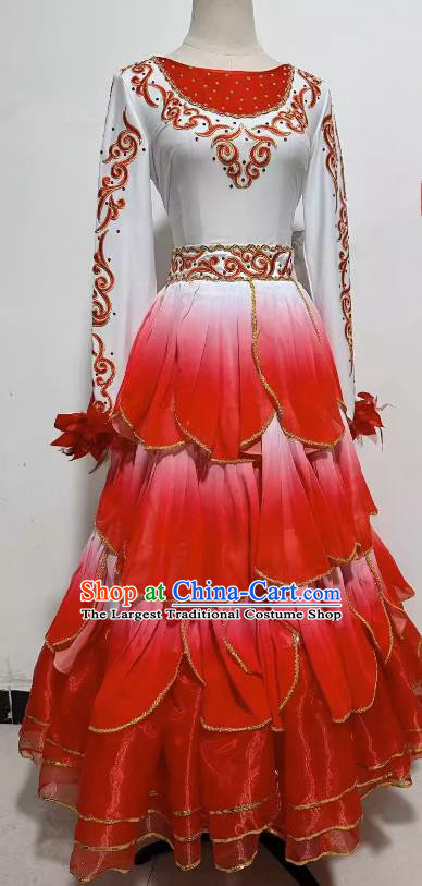 China Kazak Nationality Dance Clothing Taoli Cup Xinjiang Ethnic Dance White Dress Woman Solo Stage Performance Costume