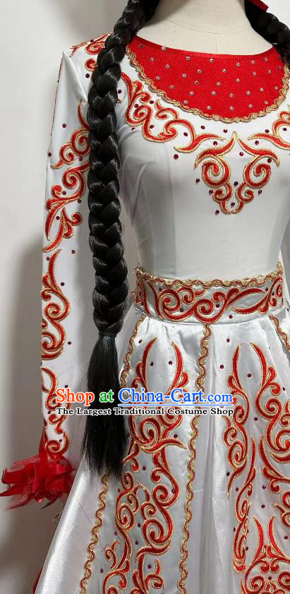 China Kazak Nationality Dance Clothing Taoli Cup Xinjiang Ethnic Dance White Dress Woman Solo Stage Performance Costume