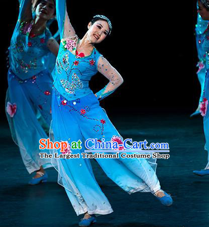 China Women Group Stage Performance Costume Fan Dance Clothing Taoli Cup Yangko Dance Blue Outfit
