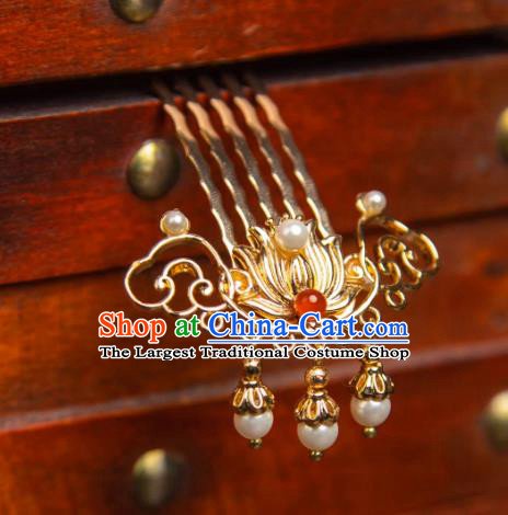 China Handmade Tang Dynasty Golden Lotus Headpieces Hanfu Hair Jewelry Ancient Empress Hair Comb