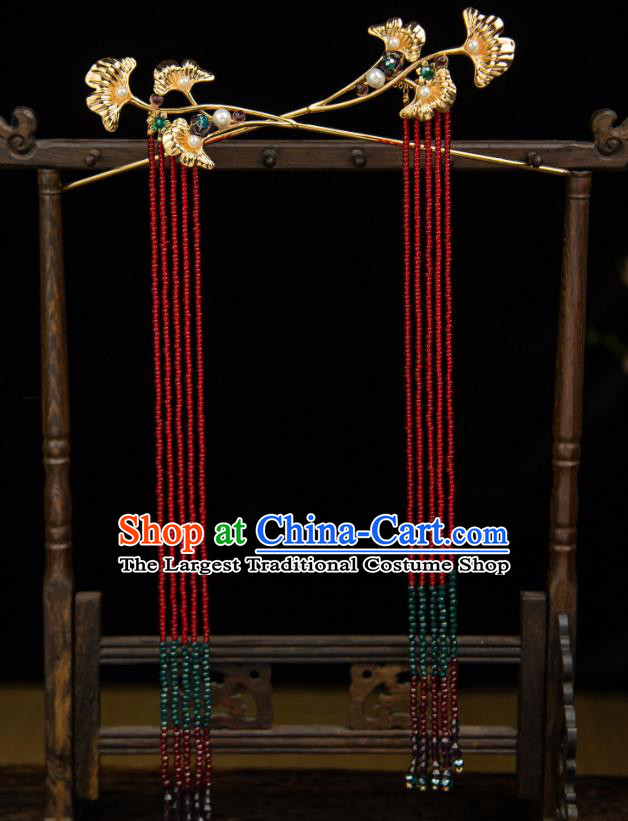 China Ancient Empress Hair Jewelries Handmade Tang Dynasty Red Tassel Hairpins Hanfu Wedding Ginkgo Leaf Headpieces