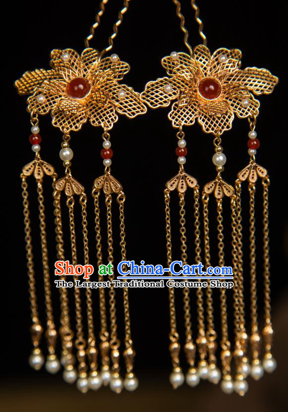 China Hanfu Hair Jewelries Ancient Empress Tassel Hairpins Handmade Tang Dynasty Golden Lotus Headpieces