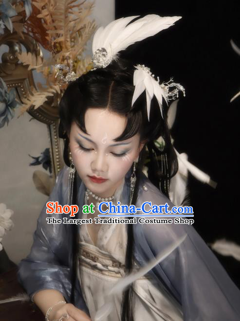 China Ancient Fairy Hair Jewelries Handmade Tang Dynasty Princess Hairpins Hanfu Feather Headpieces Complete Set