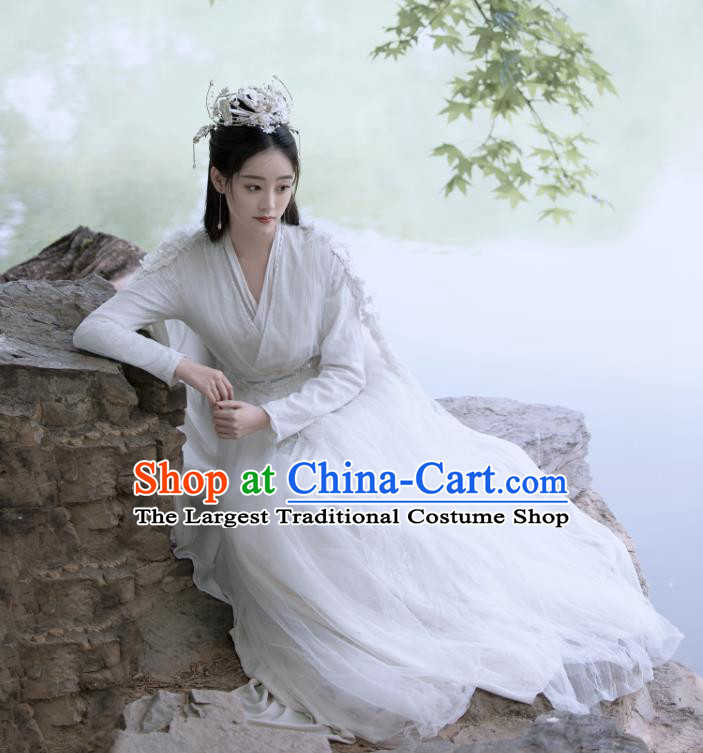 China Ancient Fairy Costumes Romantic TV Series Miss The Dragon Goddess Liu Ying White Dress Hanfu Clothing