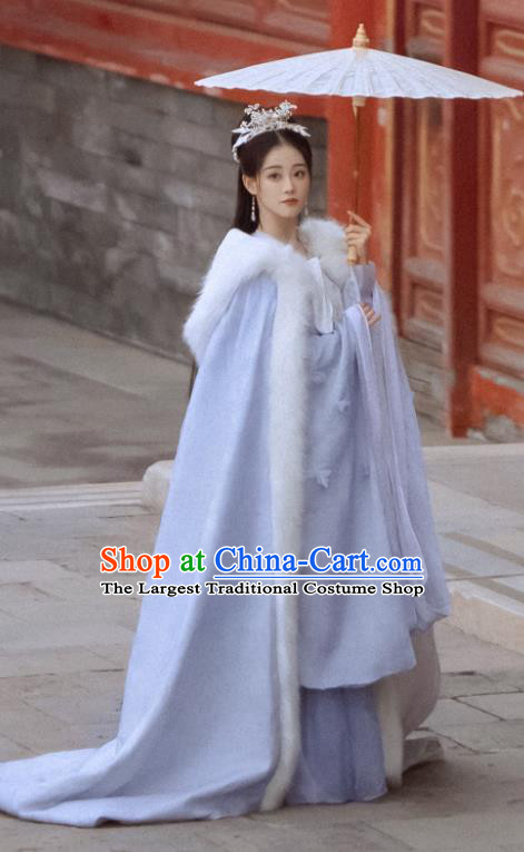 China Winter Hanfu Clothing Ancient Princess Costumes Romantic TV Series Miss The Dragon Goddess Liu Ying Lilac Dress and Cloak