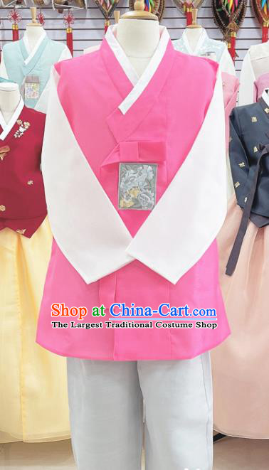 Korean Handmade Male Hanbok Ancient Groom Hot Pink Outfit Clothing Traditional Stage Performance Costumes Complete Set