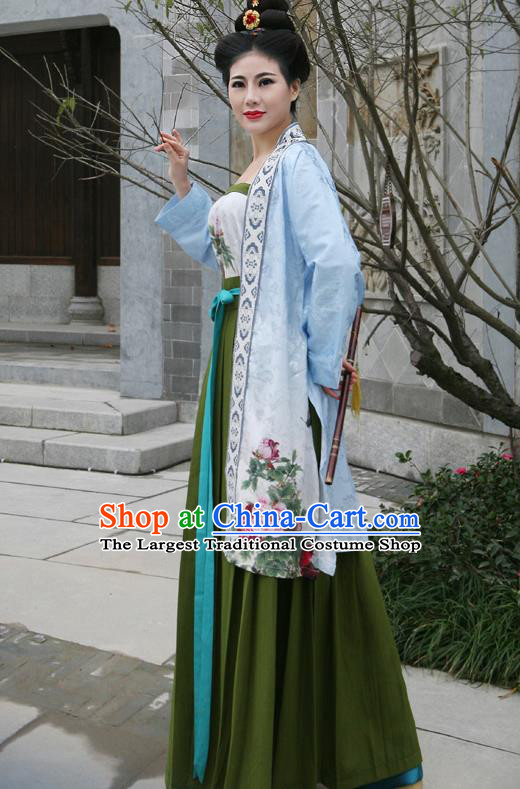 China Traditional Hanfu Blue Beizi and Green Skirt Ming Dynasty Young Woman Costumes Ancient Noble Mistress Clothing