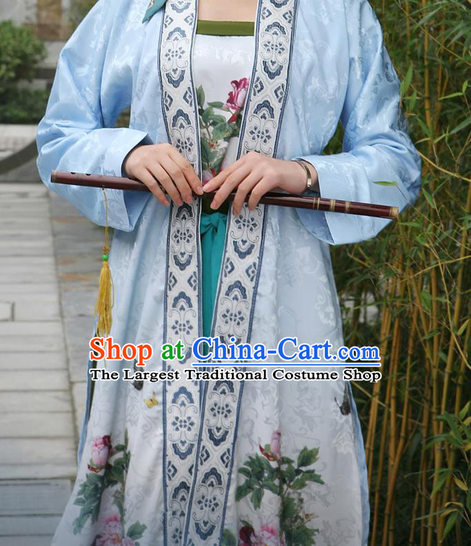 China Traditional Hanfu Blue Beizi and Green Skirt Ming Dynasty Young Woman Costumes Ancient Noble Mistress Clothing