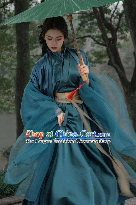 China Traditional Hanfu Dark Green Dresses Southern and Northern Dynasties Young Woman Costumes Ancient Female Swordsman Clothing