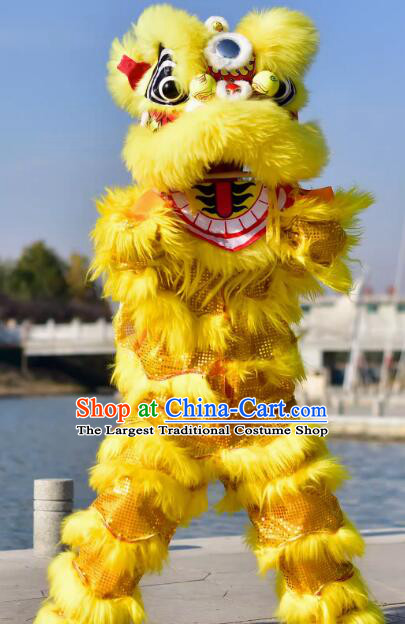 Top Handmade Yellow Wool Lion Chinese Lion Dance Head and Costume Complete Set for One Person