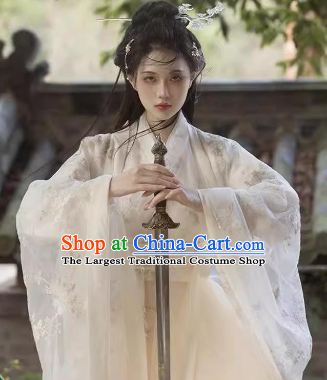 Ancient Chinese Young Lady Dress Costumes Beige Hanfu Jin Dynasty Swordswoman Dresses