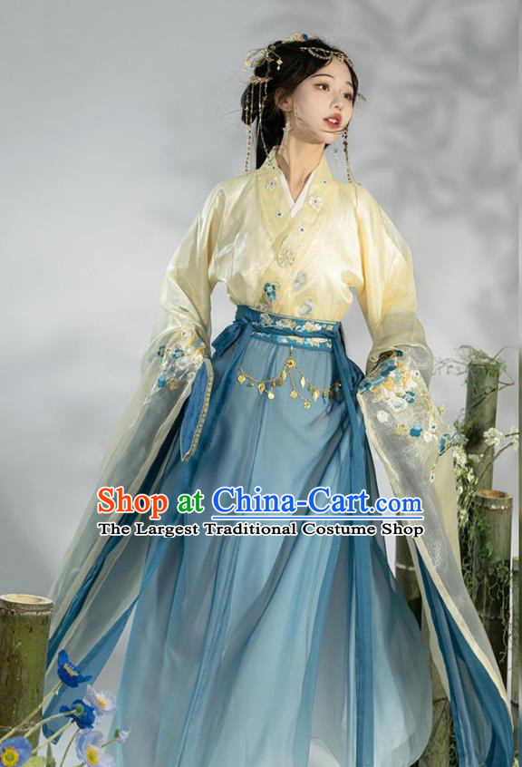 Chinese Ancient Fairy Blue Dresses Jin Dynasty Princess Costume Hanfu Ru Qun