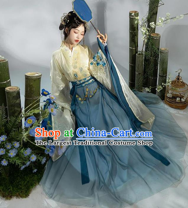 Chinese Ancient Fairy Blue Dresses Jin Dynasty Princess Costume Hanfu Ru Qun