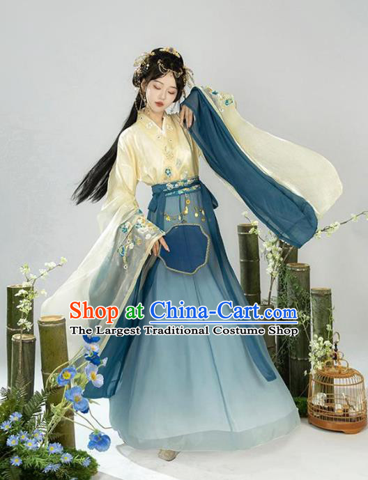 Chinese Ancient Fairy Blue Dresses Jin Dynasty Princess Costume Hanfu Ru Qun