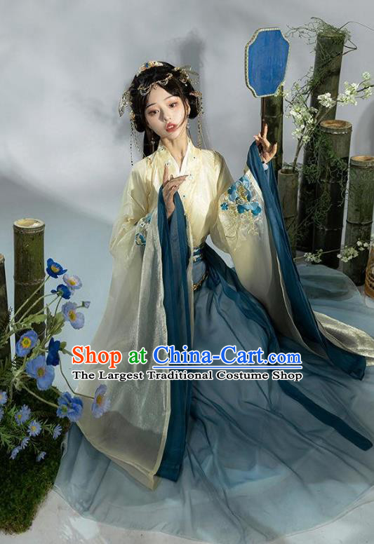Chinese Ancient Fairy Blue Dresses Jin Dynasty Princess Costume Hanfu Ru Qun
