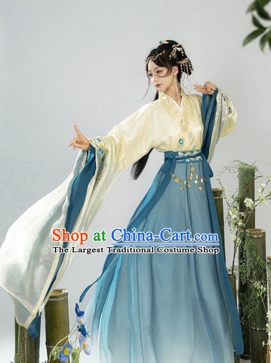 Chinese Ancient Fairy Blue Dresses Jin Dynasty Princess Costume Hanfu Ru Qun
