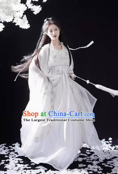 China Ancient Swordswoman Xiao Long Nv Clothing Traditional White Hanfu Dress Dragon Princess Costumes