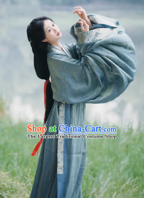 China Ancient Palace Beauty Clothing Traditional Hanfu Blue Robe Warring States Period Princess Costume
