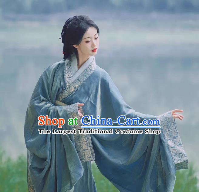China Ancient Palace Beauty Clothing Traditional Hanfu Blue Robe Warring States Period Princess Costume