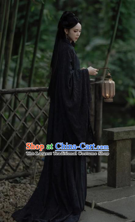 China Ancient Swordswoman Black Costumes Traditional Hanfu Dress Warring States Time Heroine Clothing