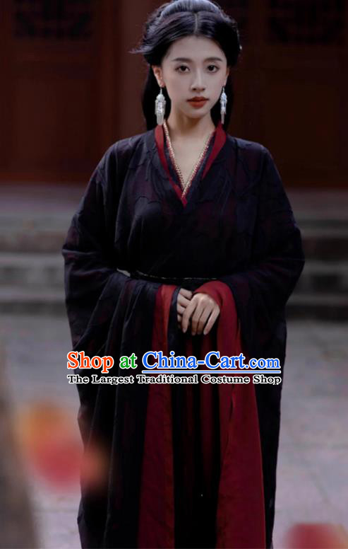 China Traditional Hanfu Black Dress Warring States Period Heroine Clothing Ancient Princess Costumes