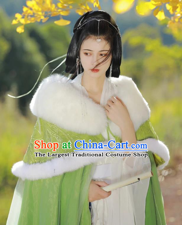 China Ancient Princess Costume Traditional Hanfu Winter Green Cape Warring States Period Court Woman Cloak