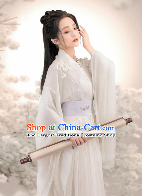 China Traditional Hanfu White Dress Jin Dynasty Swordswoman Clothing Ancient Superheroine Costume