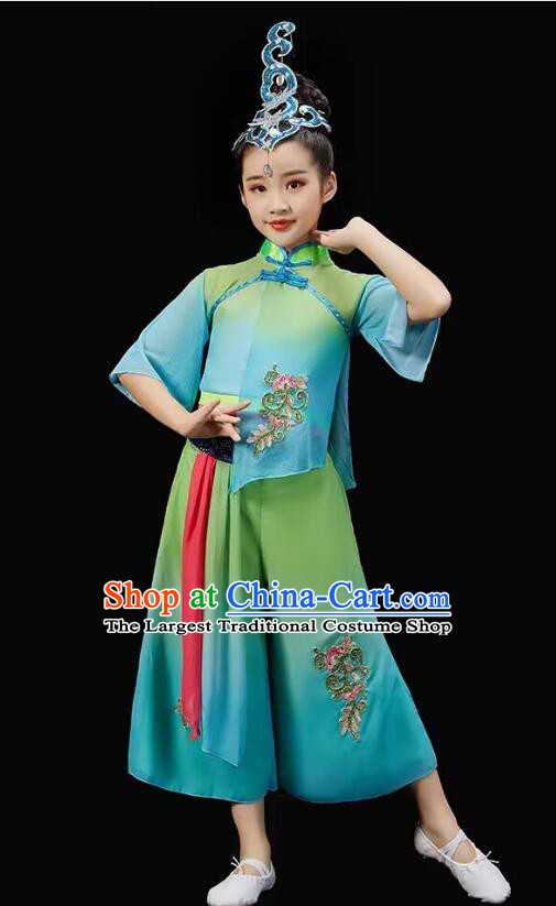 Chinese Children Yangko Dance Green Outfit Fan Dance Costumes Folk Dance Clothing