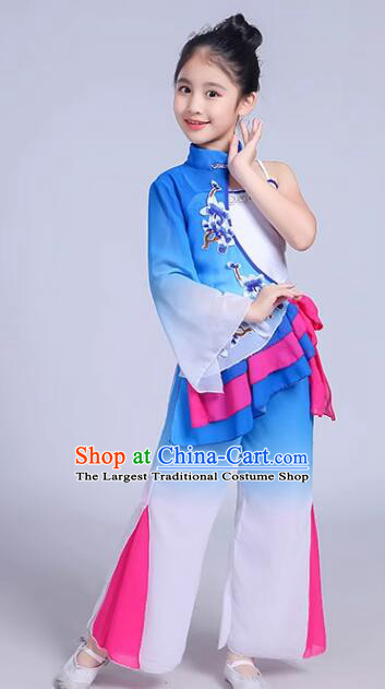 Chinese Children Folk Dance Clothing Yangko Dance Blue Outfit Fan Dance Costumes
