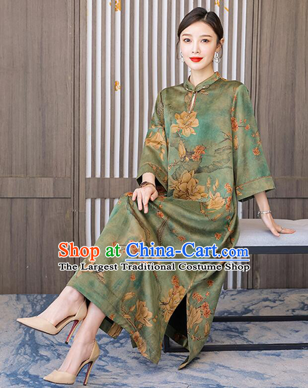 China Magnolia Pattern Cheongsam Traditional Clothing Oversize Green Dress Classic Qipao