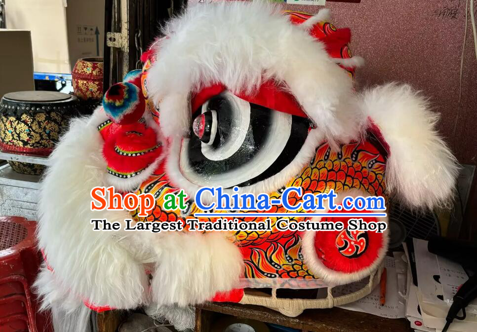 Handmade Lion Dance Head Traditional Chinese Dancing Lion Costume White Wool Fut San Lion Dancing Instruments Complete Set