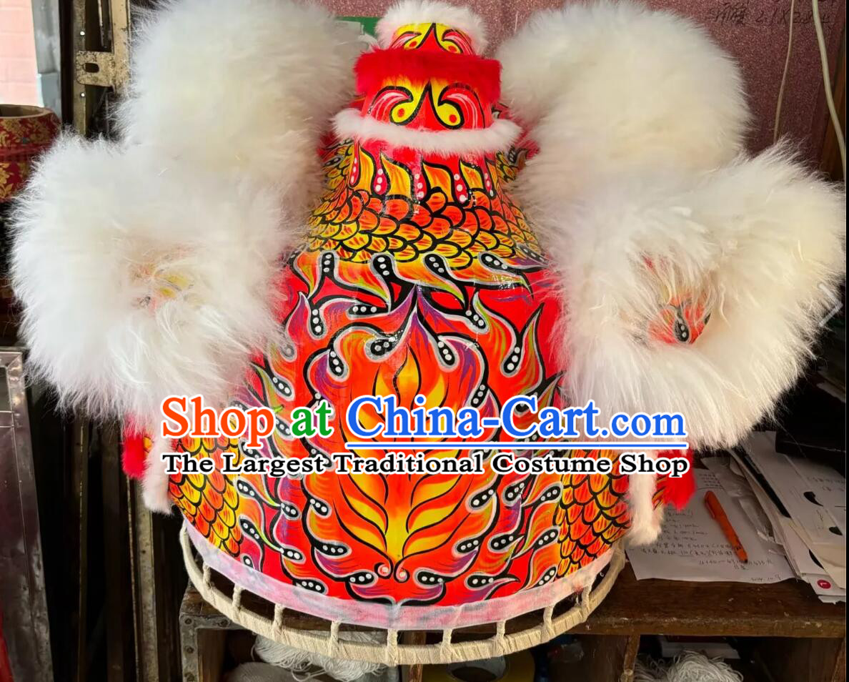 Handmade Lion Dance Head Traditional Chinese Dancing Lion Costume White Wool Fut San Lion Dancing Instruments Complete Set