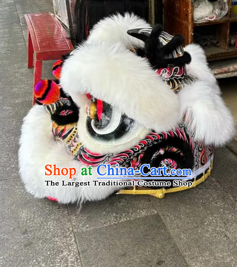 Chinese White Wool Fut San Lion Dancing Instruments Handmade Lion Head Traditional Lao Fu Zi Dancing Lion Costume Complete Set
