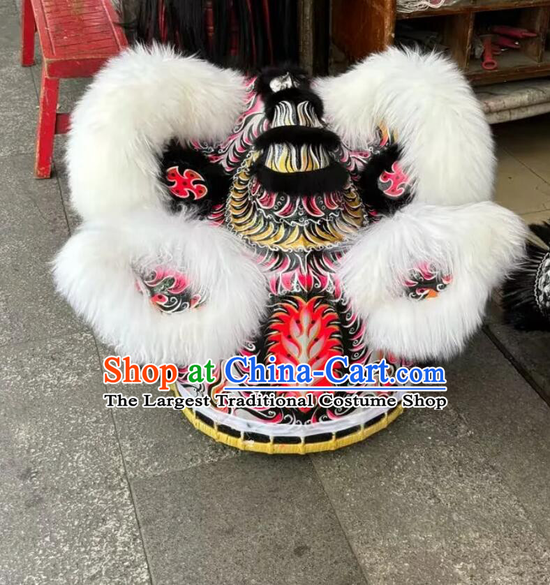 Chinese White Wool Fut San Lion Dancing Instruments Handmade Lion Head Traditional Lao Fu Zi Dancing Lion Costume Complete Set