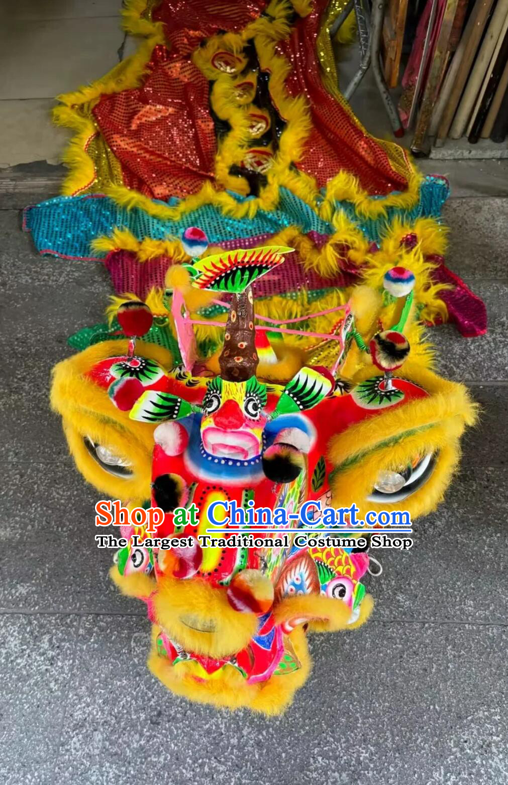 Chinese Lion Dancing Instruments Handmade Kylin Head Traditional Unicorn Lion Costume Complete Set