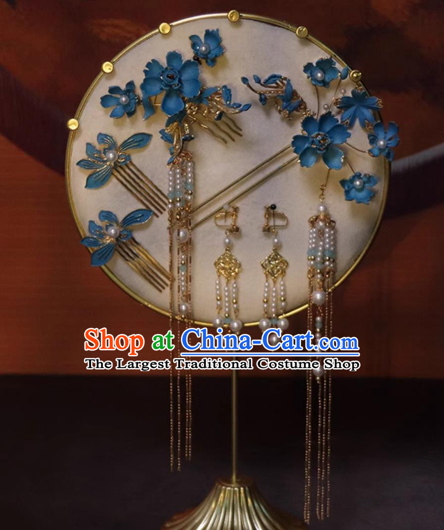 Traditional China Wedding Hair Accessories Handmade Cheongsam Headpieces Bride Blue Flower Hairpins Complete Set